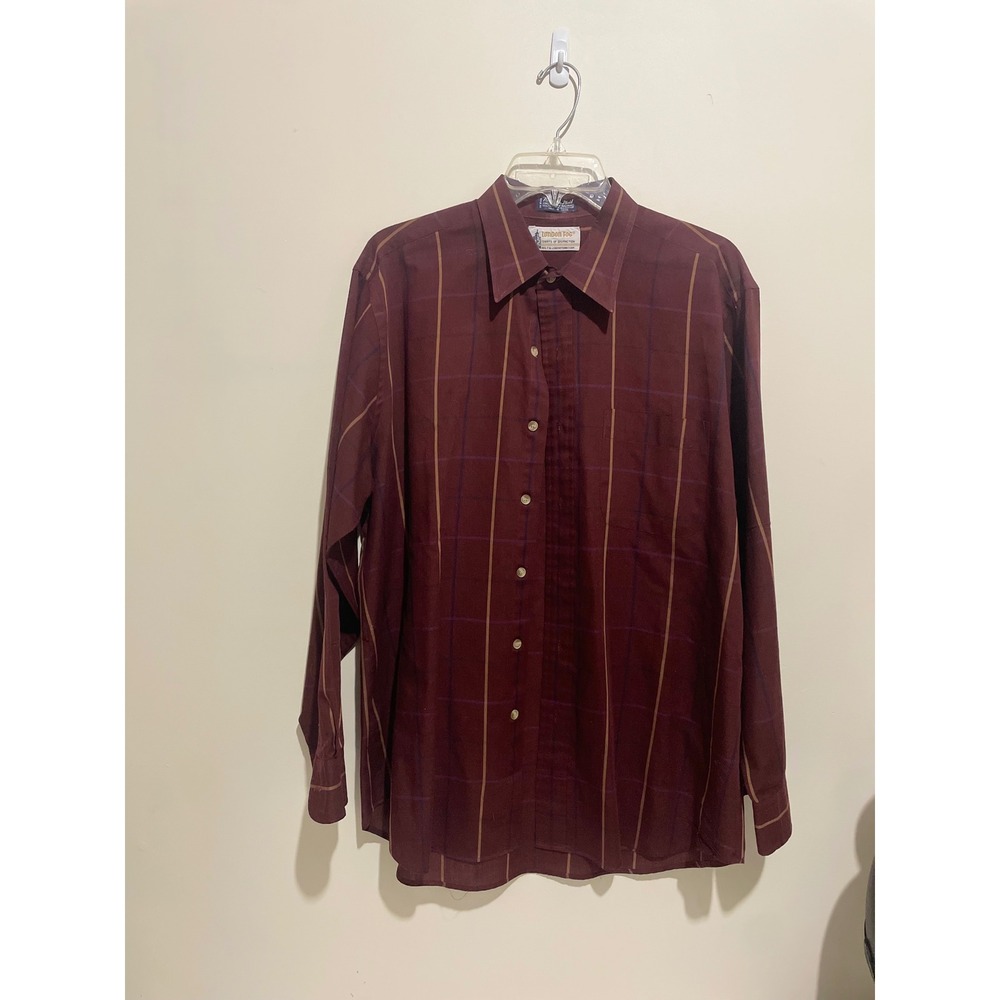 London Fog Mens Burgundy Plaid Button Down Shirt Long Sleeve L 16-16.5 65/35
